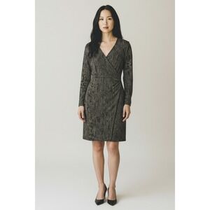 NWOT Calvin Klein Women's Metallic Gold/Black V Neck Faux Wrap Cocktail Dress 14